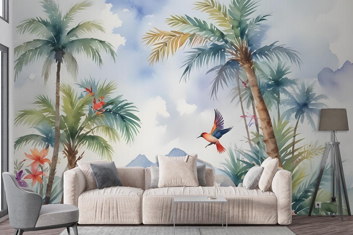 Art Painting Colorful Landscape With Birds Wallpaper Mural