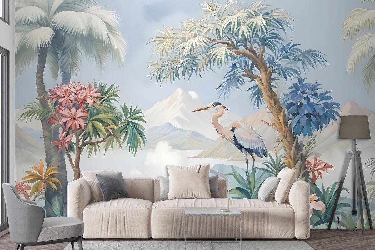 Art Painting Colorful Landscape With Heron Birds Wallpaper Mural