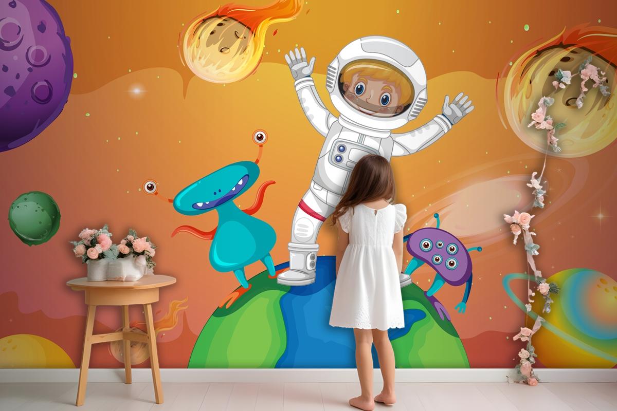 Astronaut Kid With Aliens Standing On The Earth In Space Scene Wallpaper Mural