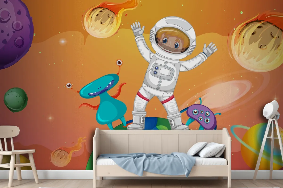 Astronaut Kid With Aliens Standing On The Earth In Space Scene Wallpaper Mural