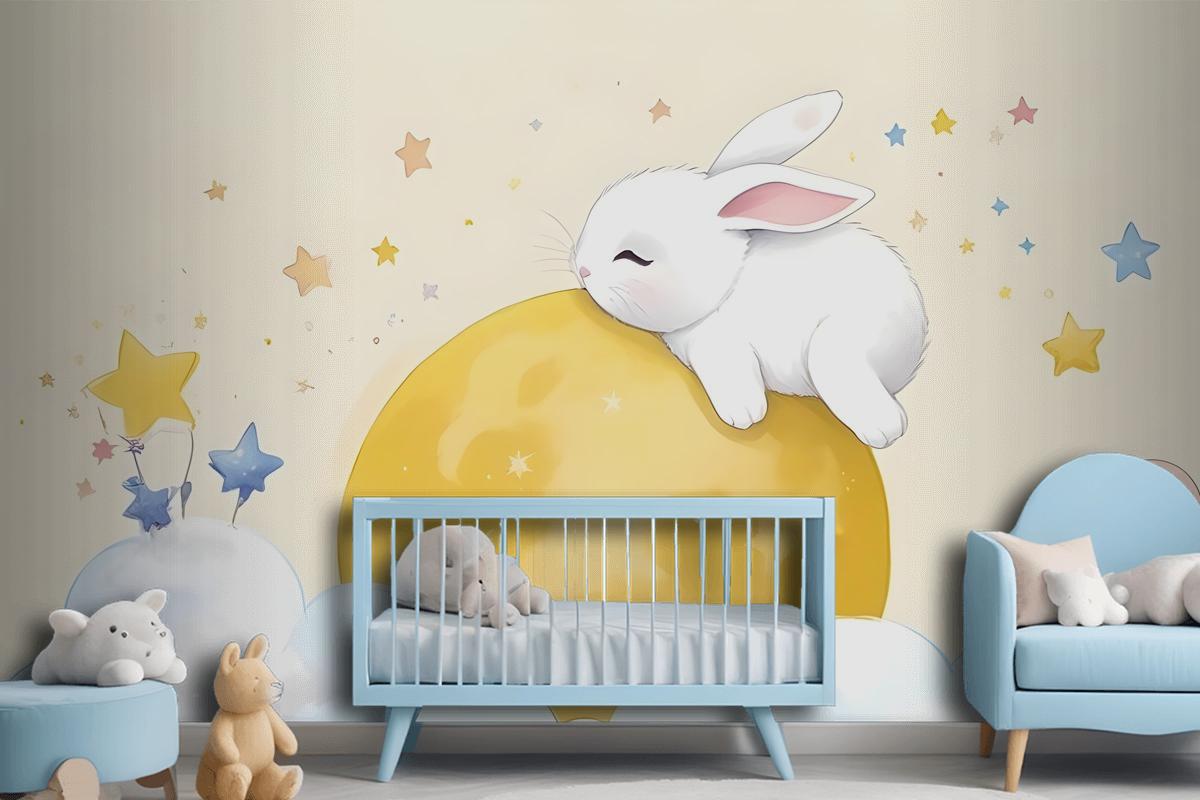 Baby Cartoon Rabbit And Yellow Moon Wallpaper Mural