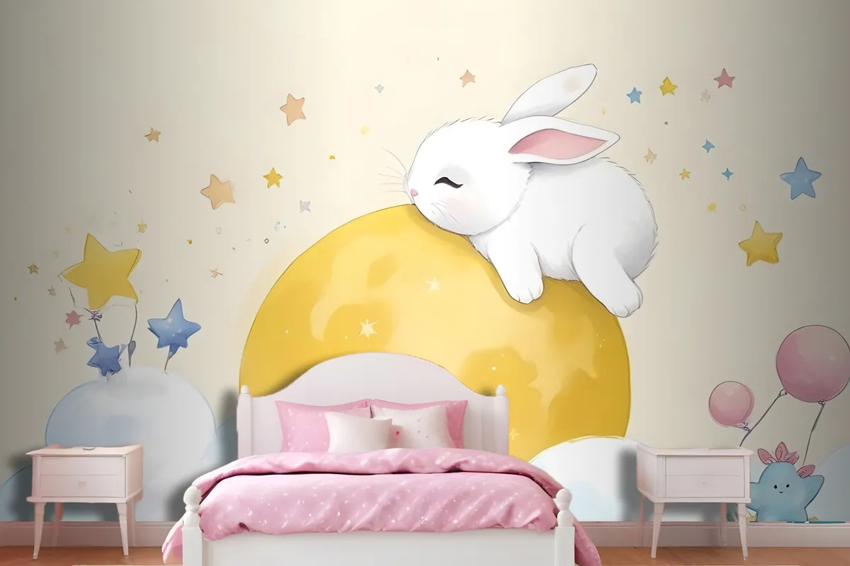 Baby Cartoon Rabbit And Yellow Moon Wallpaper Mural