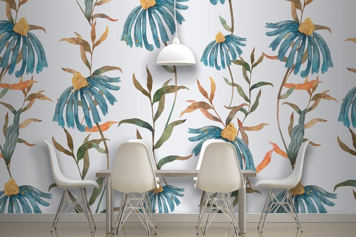 Background Of Floral Pattern With Blue Watercolor Flowers Wallpaper Mural