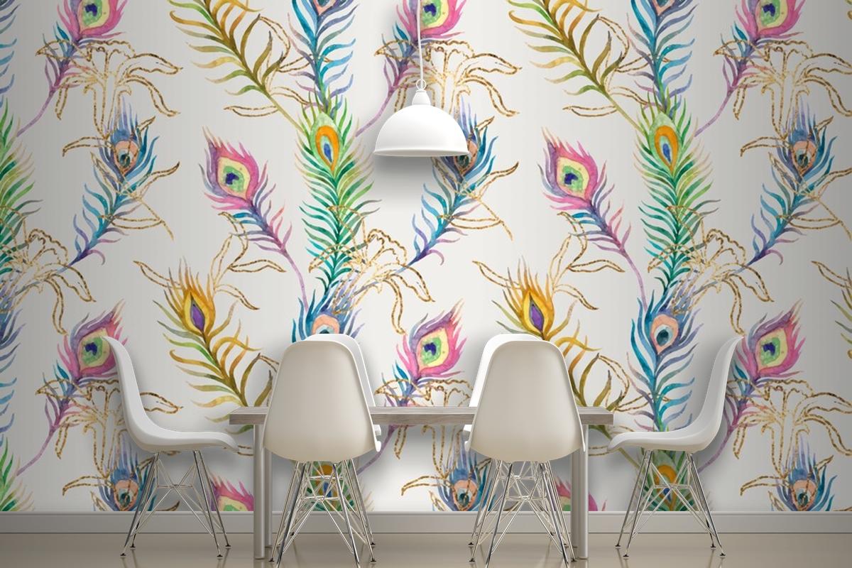 Background Of Peacock Feather Colorful Watercolor Pattern Wallpaper Mural