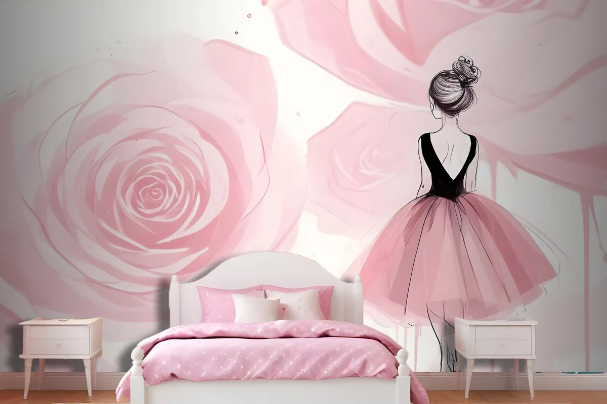 Ballerina Girl And Pink Roses Wallpaper Mural