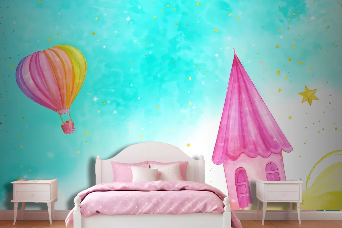 Balloon With A Flying Fairytale Watercolor Wallpaper Mural