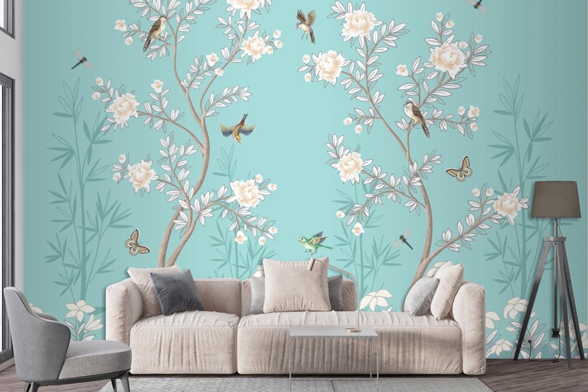 Chinoiserie Mural With Peonies And Birds Turquoise Wallpaper Mural