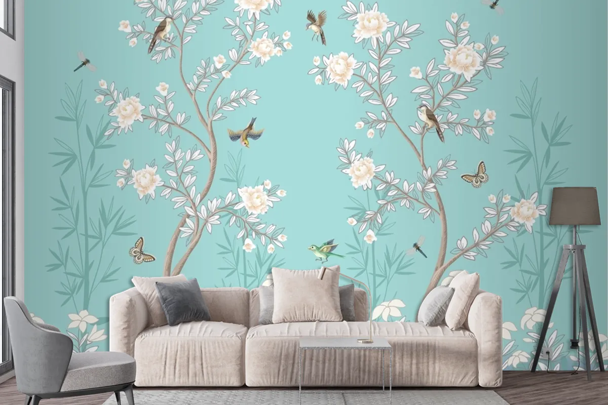 Chinoiserie Mural With Peonies And Birds Turquoise Wallpaper Mural