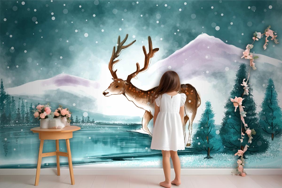 Beautiful Christmas Landscape In Winter With Christmas Deer Card Wallpaper Mural