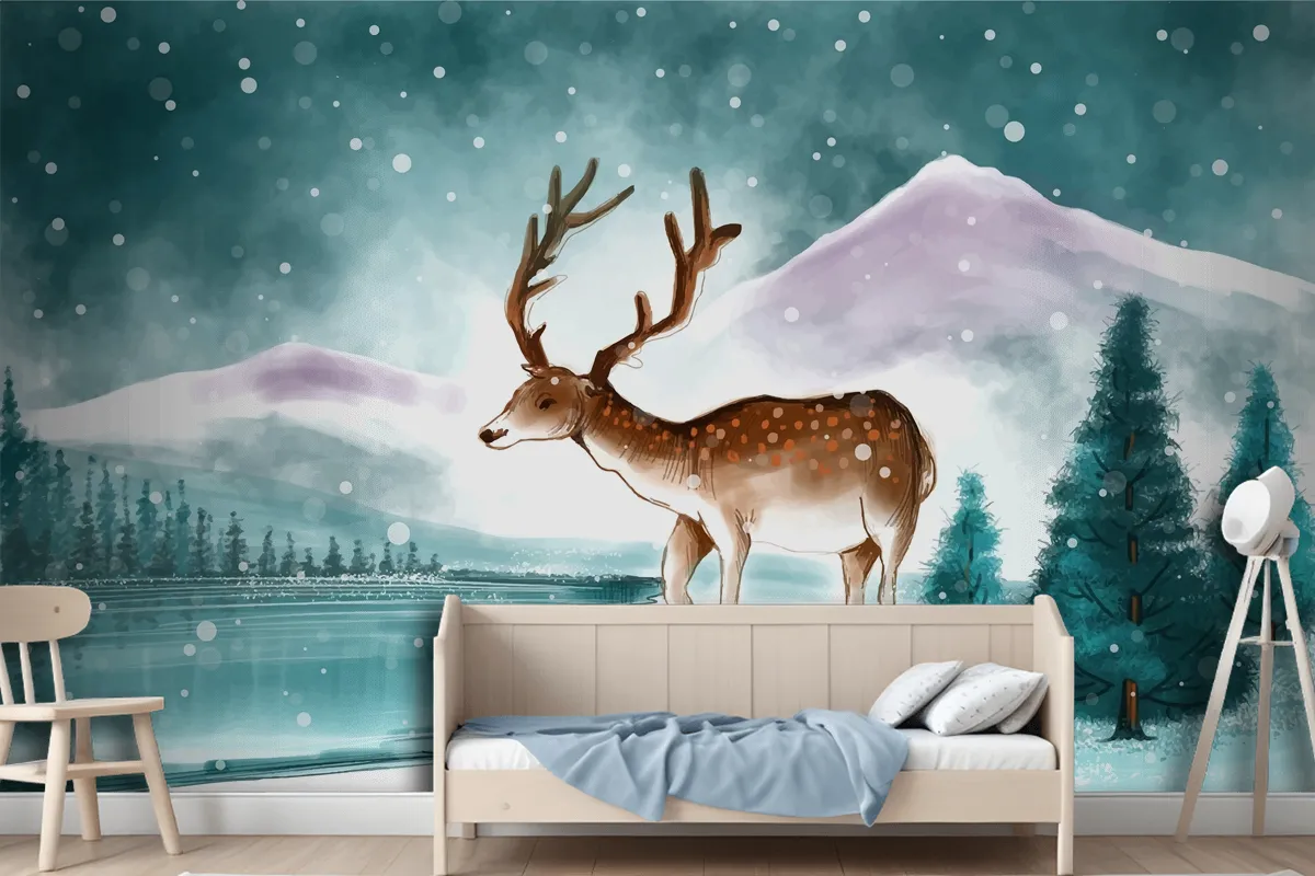 Beautiful Christmas Landscape In Winter With Christmas Deer Card Wallpaper Mural