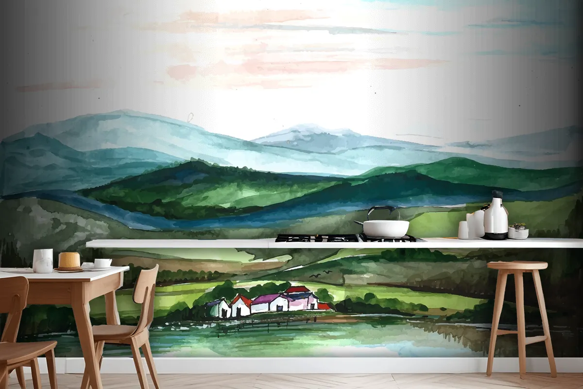 Beautiful Landscape Mountain Hand Draw Painting Wallpaper Mural