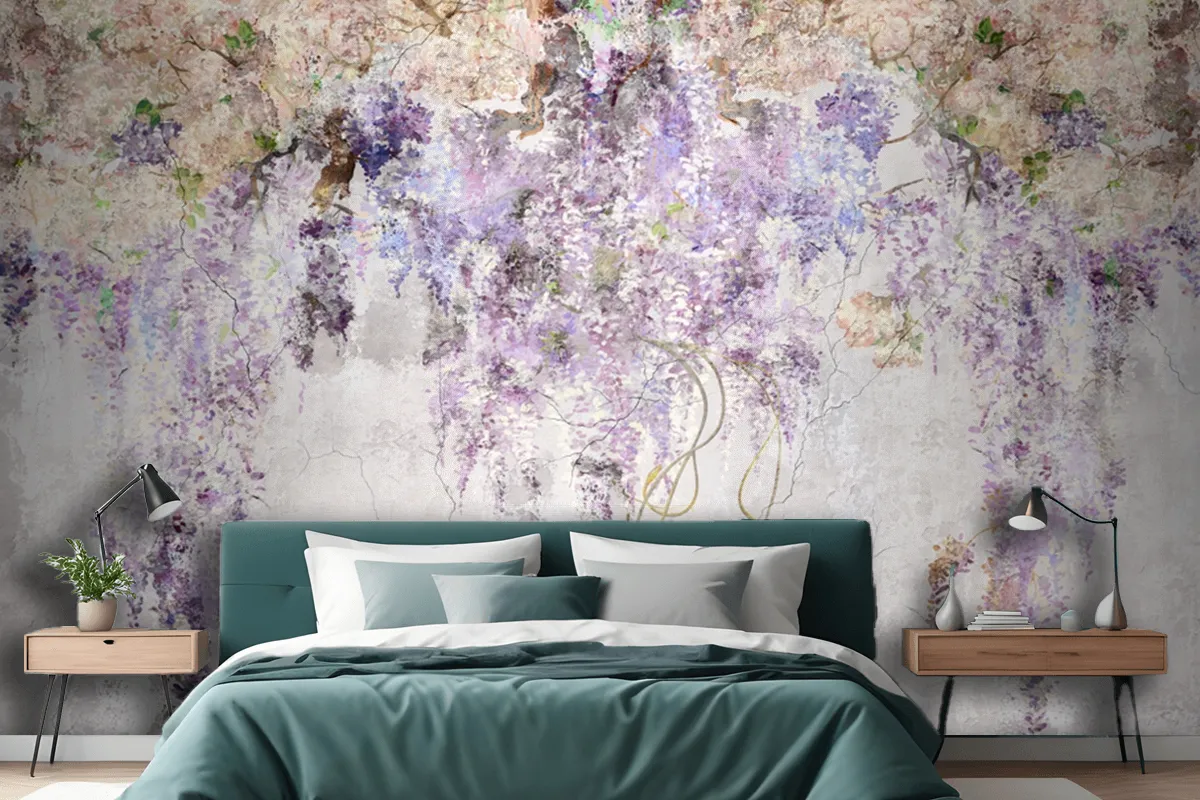 Beautiful Lilac Branches On The Concrete Grey Vintage Wallpaper Mural