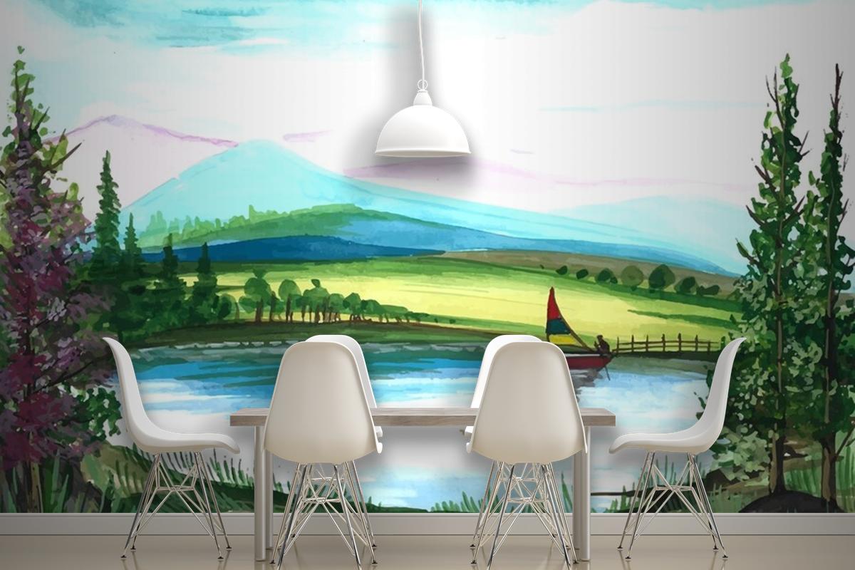 Beautiful Nature Landscape Hand Draw Watercolor Wallpaper Mural