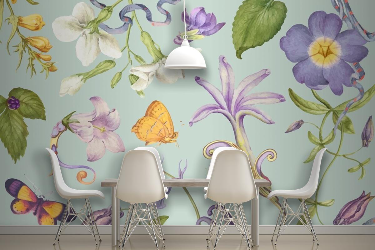 Beautiful Purple Floral Pattern On Green Wallpaper Mural