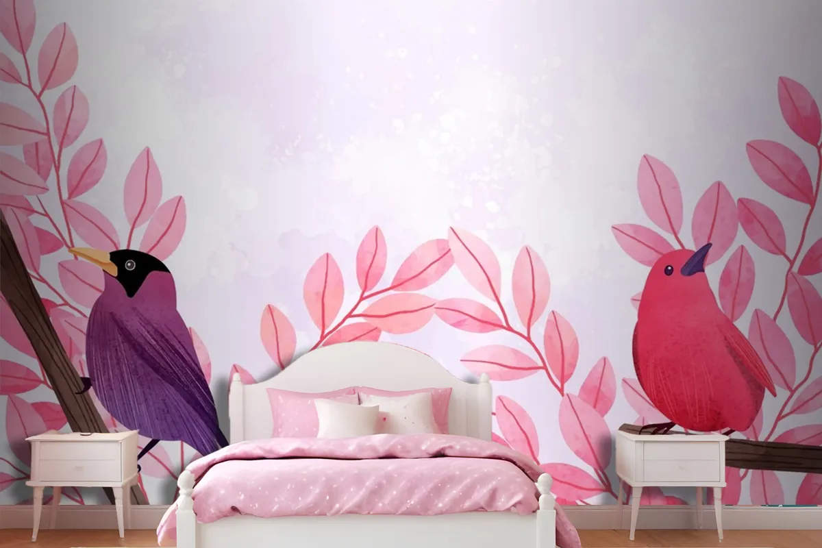 Beautiful Watercolor Of Birds Sitting On Branches Wallpaper Mural