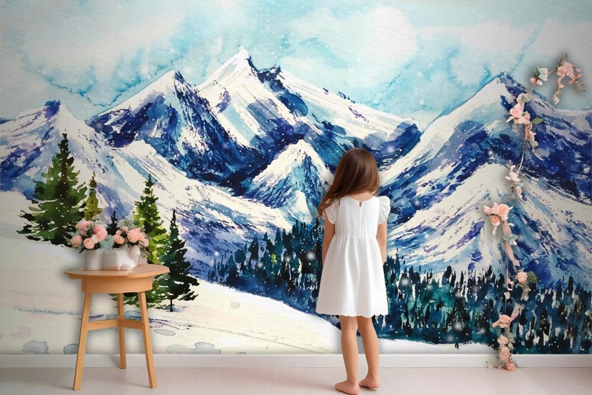 Beautiful Winter Landscape In Watercolor Background Wallpaper Mural