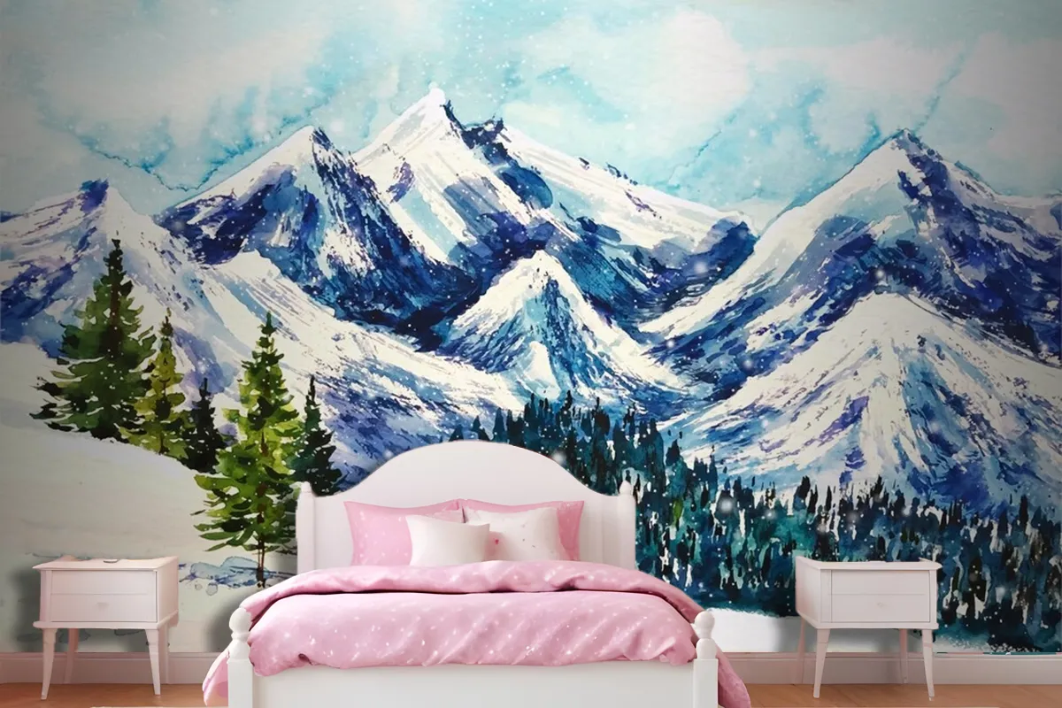 Beautiful Winter Landscape In Watercolor Background Wallpaper Mural