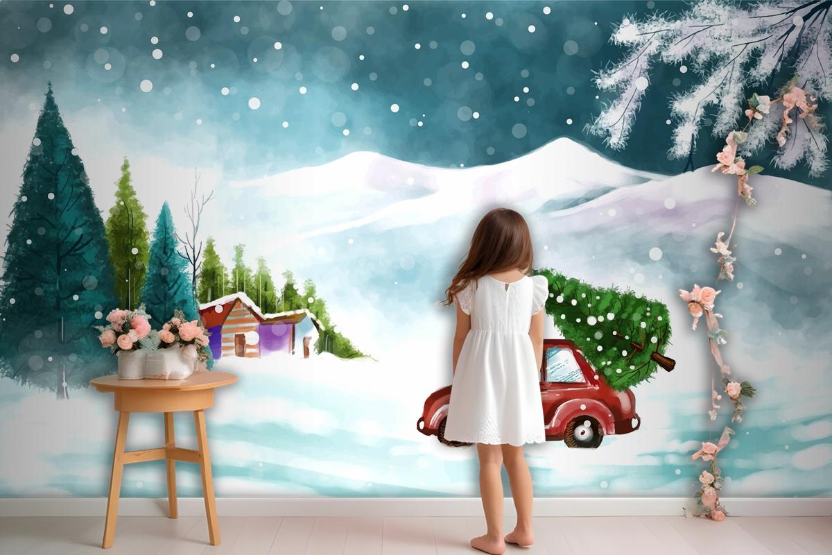 Beautiful Winter Landscape With Car In Snowy Christmas Tree Wallpaper Mural