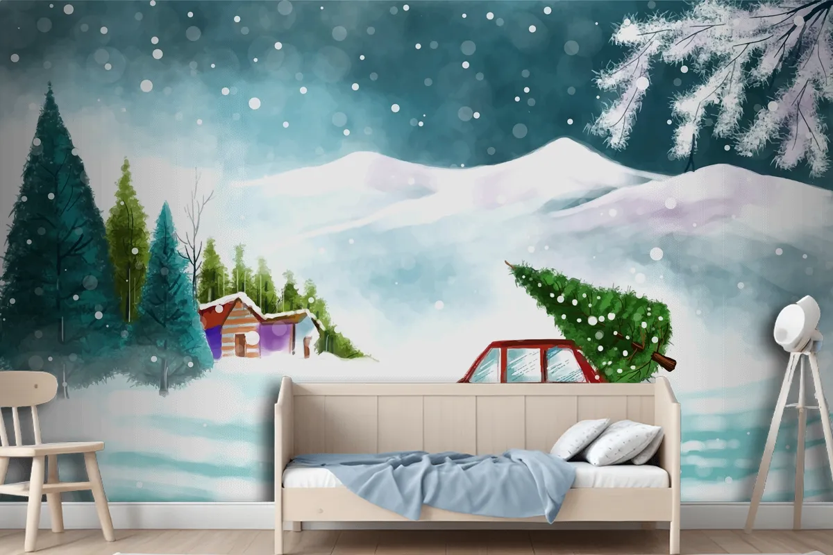 Beautiful Winter Landscape With Car In Snowy Christmas Tree Wallpaper Mural