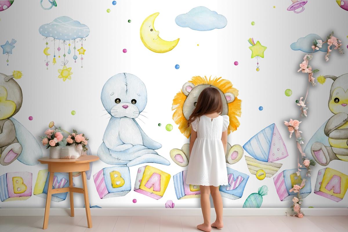 Bee Lion Seal Cubes With Letters Moon Stars Clouds Wallpaper Mural