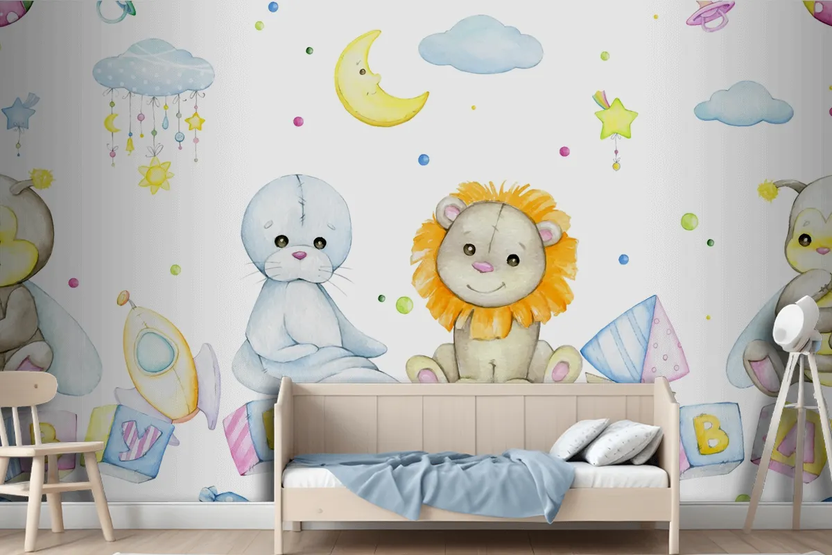 Bee Lion Seal Cubes With Letters Moon Stars Clouds Wallpaper Mural