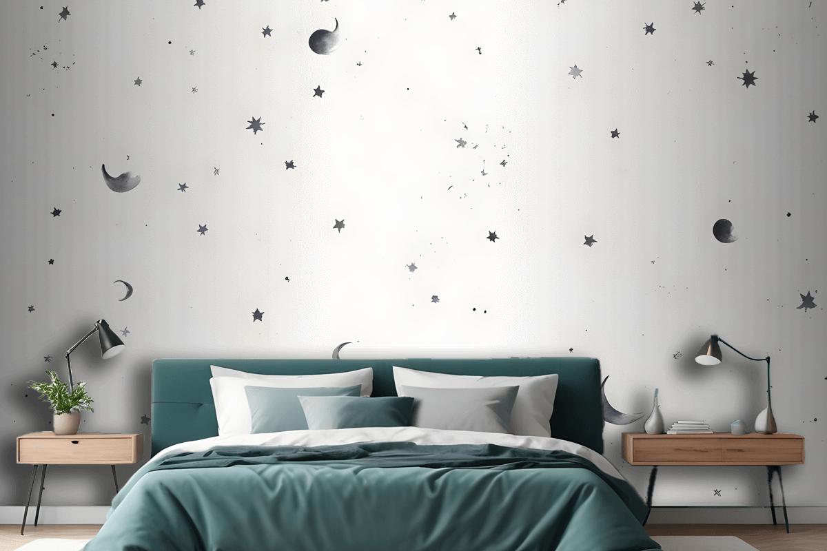 Black & White Moon & Stars Wallpaper Mural