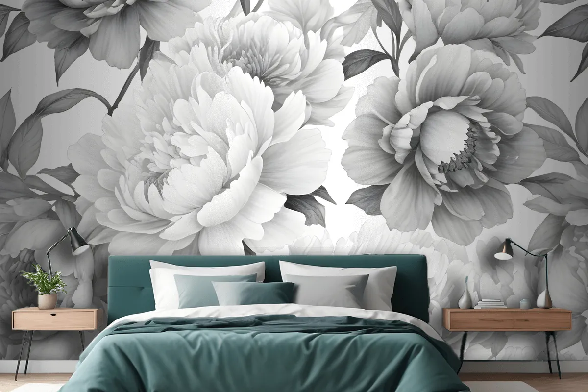 Black And White Floral Pattern With Large Lush Wallpaper Mural