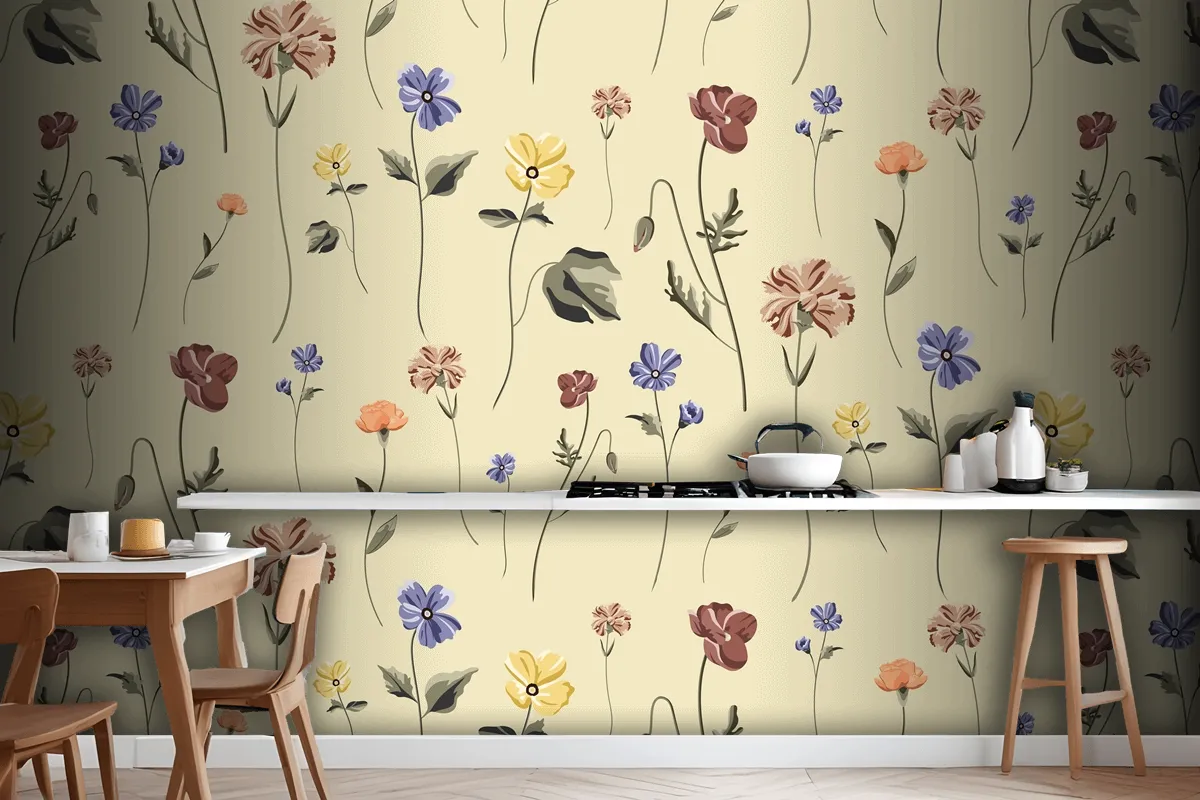 Blooming Flower Seamless Pattern On A Beige Wallpaper Mural