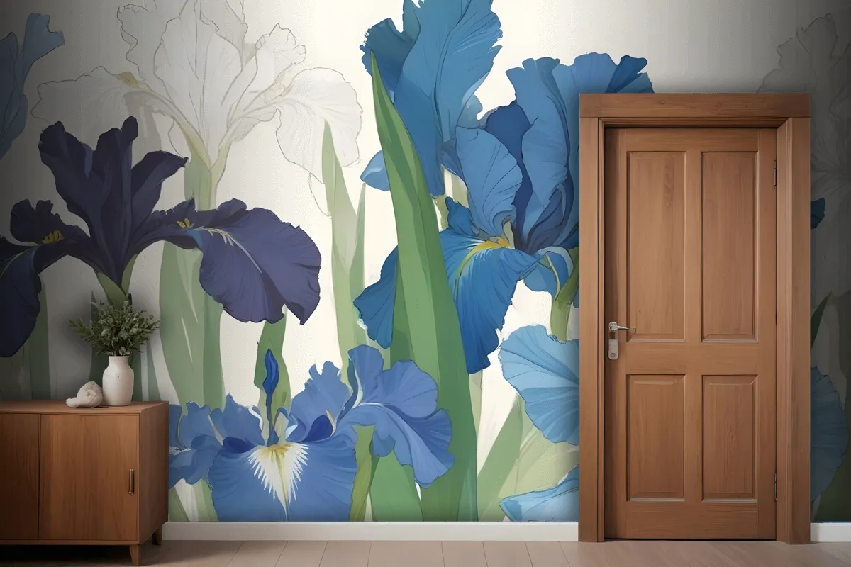 Blue And White Irises With Green Leaves Against A Light Wallpaper Mural