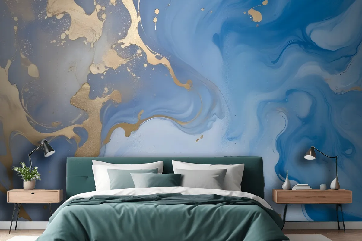 Blue Gold Look Marble With Splash Wallpaper Mural