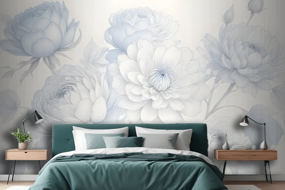Blue Large Illustrated Roses Wallpaper Mural