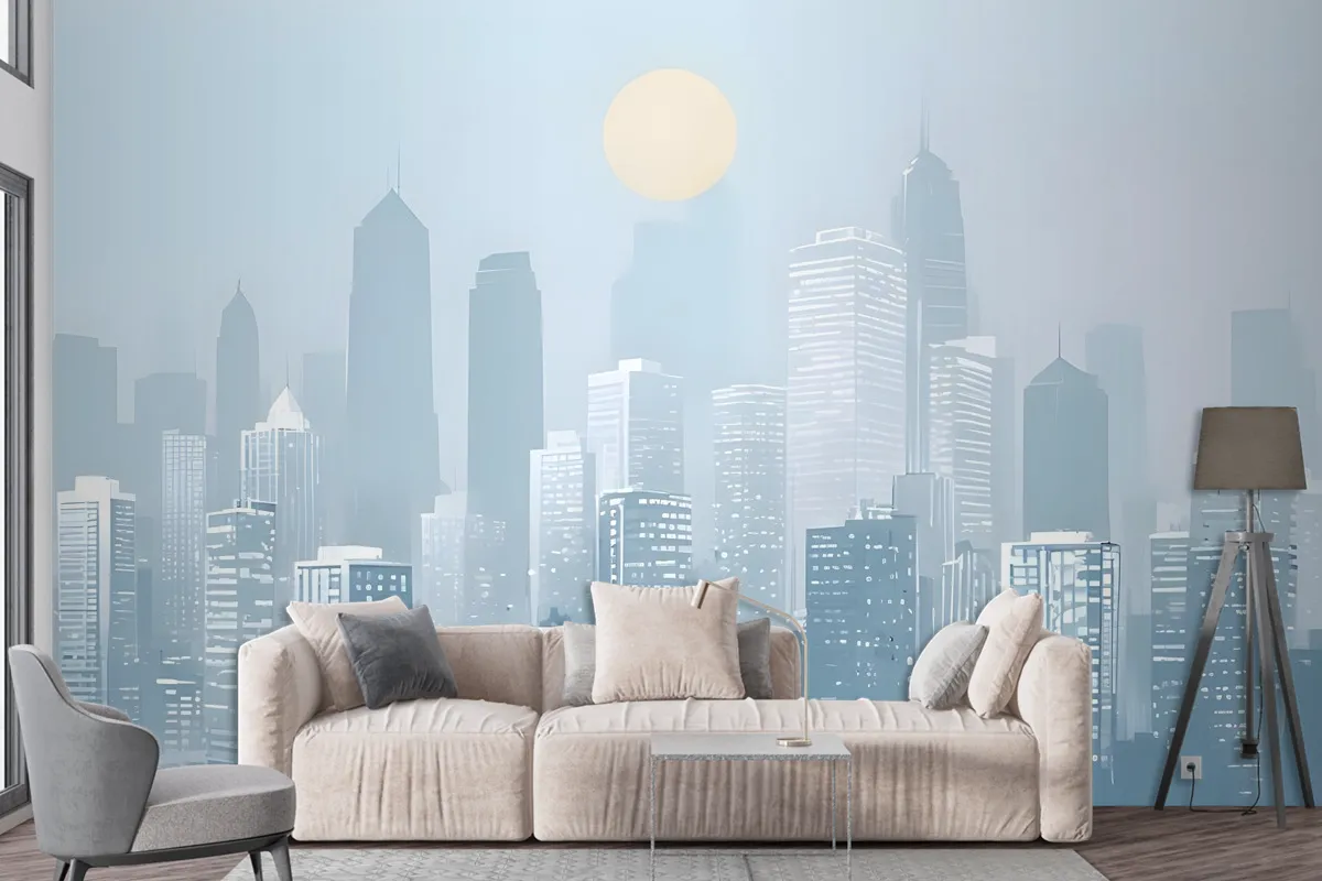 Blue Monochrome Cityscape And Soft Sun Wallpaper Mural