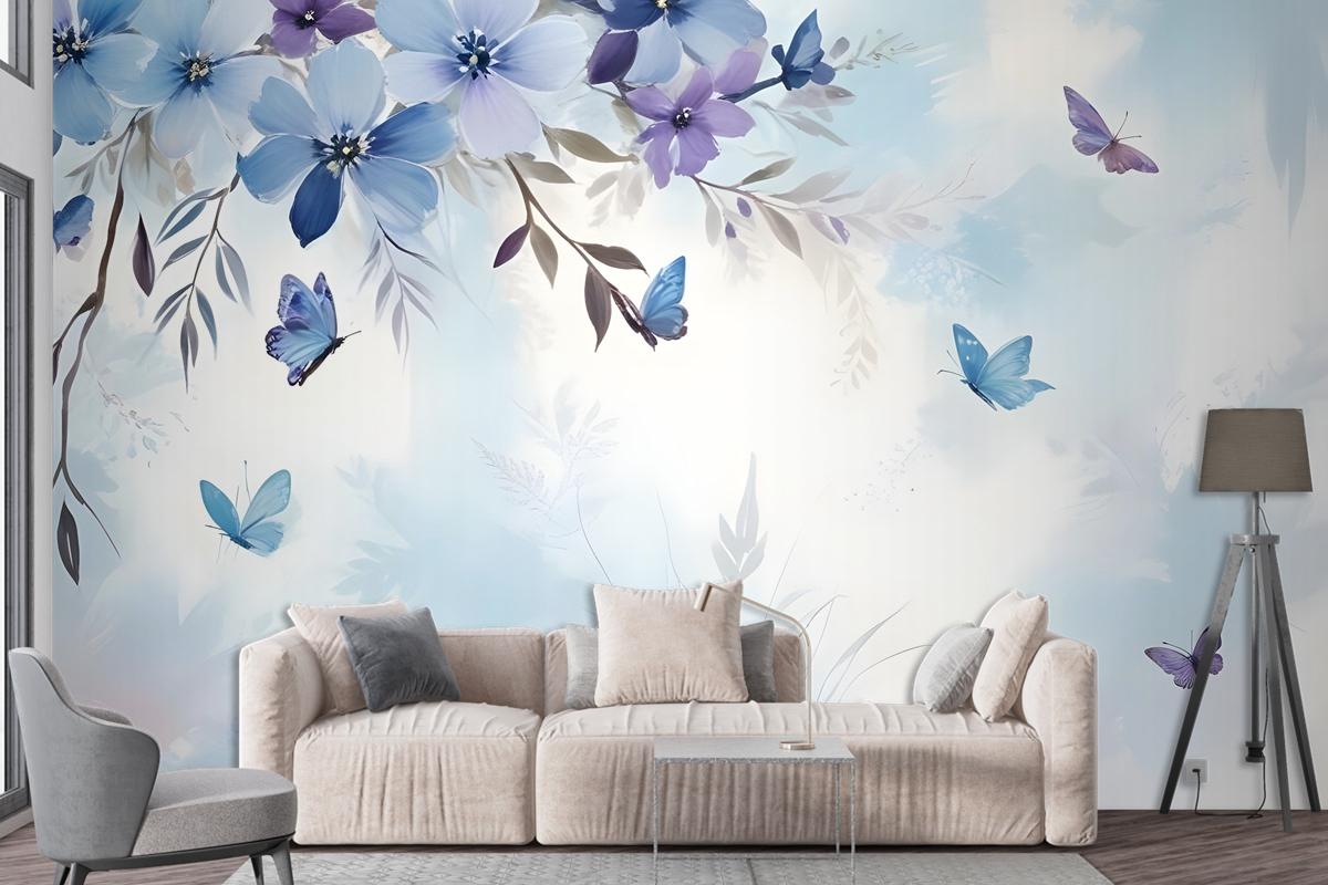 Blue Purple Floral With Little Butterfly Wallpaper Mural