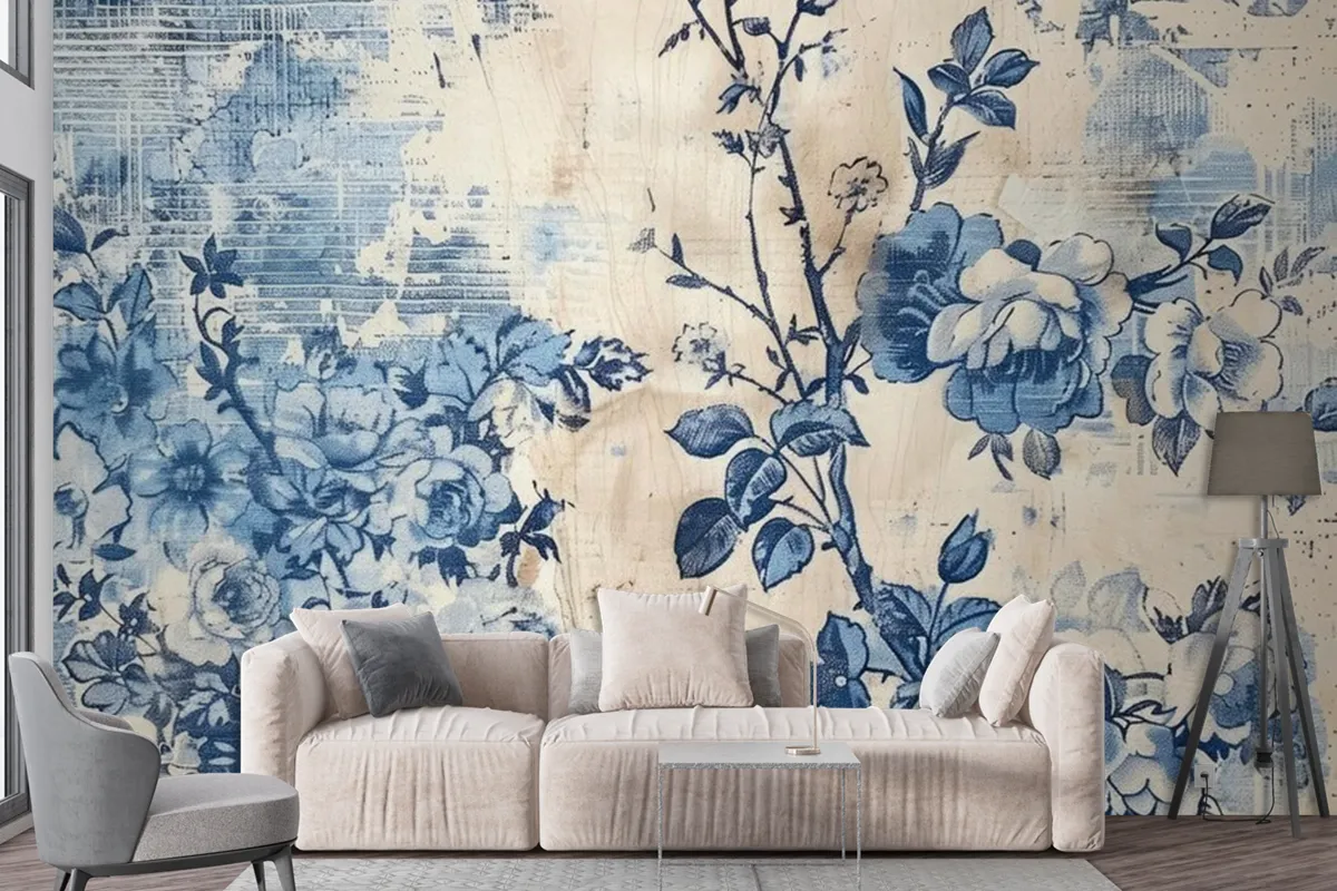 A Blue And White Floral Print Is On A Blue And White Wallpaper Mural