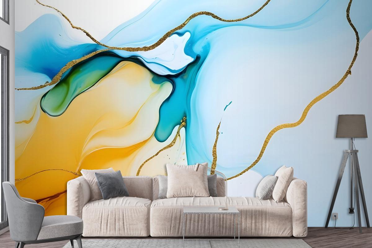 Blue Yellow Watercolor Brush With Modern Lines Wallpaper Mural