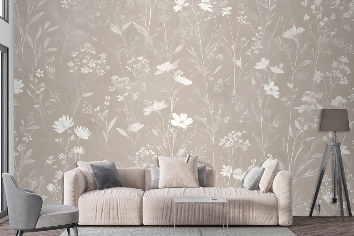 Bohemian Style Neutral Color Wild Flowers Art Wallpaper Mural