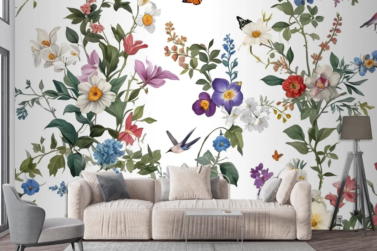 Botanical Flowers Floral With Birds Wallpaper Mural