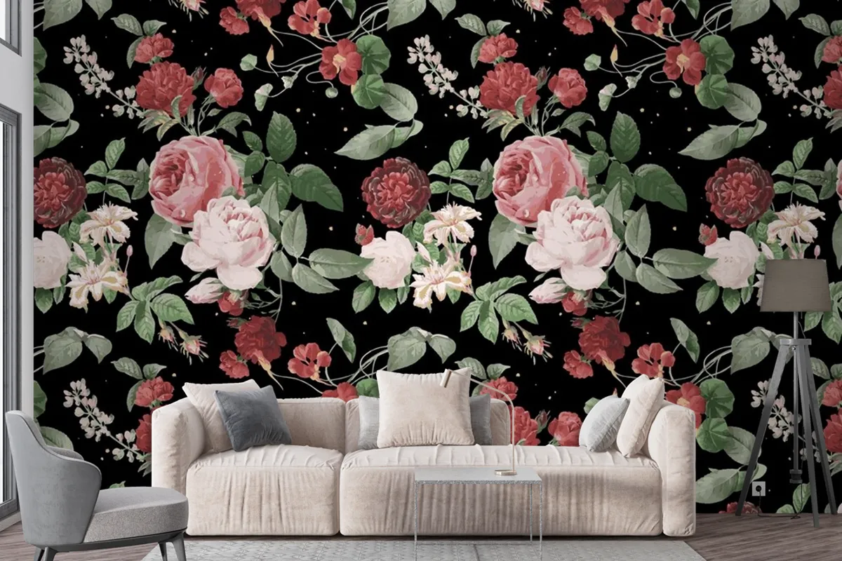 Botanical Valentine's roses pattern watercolor wallpaper mural