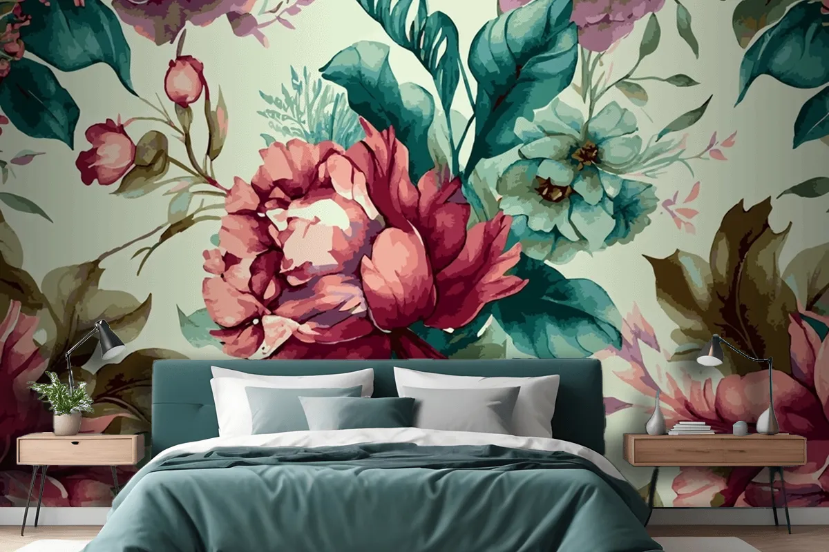 Botanical Watercolor Hand Drawn Flowers Wallpaper Mural