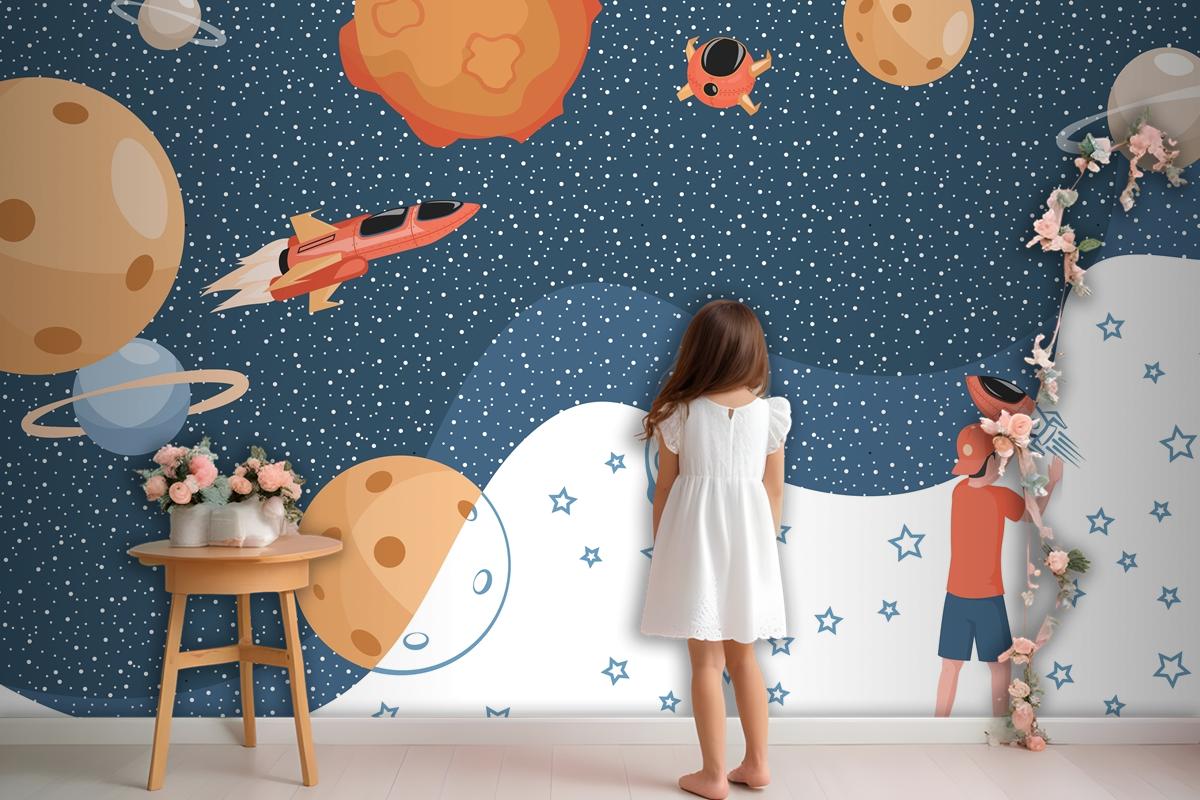 Boy Drawing Cosmos Planets Spaceships And Stars Wallpaper Mural