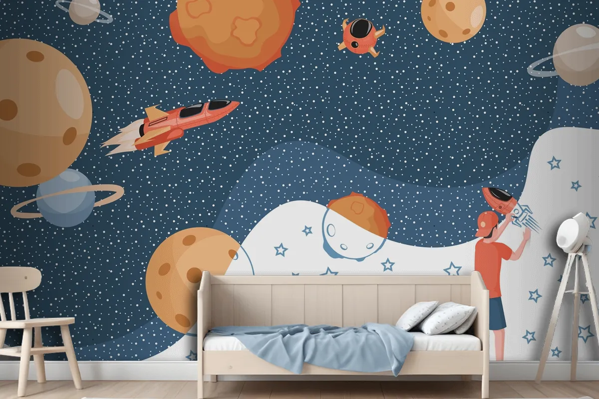 Boy Drawing Cosmos Planets Spaceships And Stars Wallpaper Mural