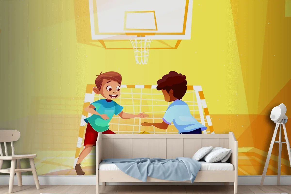 Boys Playing Basketball Kid With Ball In School Wallpaper Mural