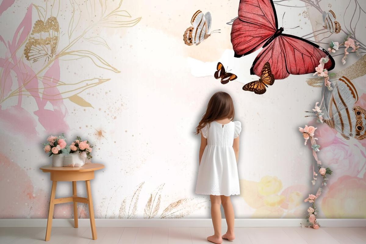 Butterfly Background Aesthetic Border With Flowers Wallpaper Mural