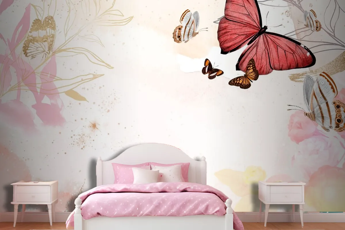 Butterfly Background Aesthetic Border With Flowers Wallpaper Mural