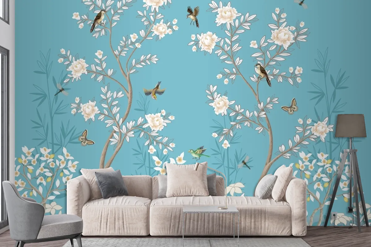 Chinoiserie Mural With Peonies And Birds Wallpaper Mural