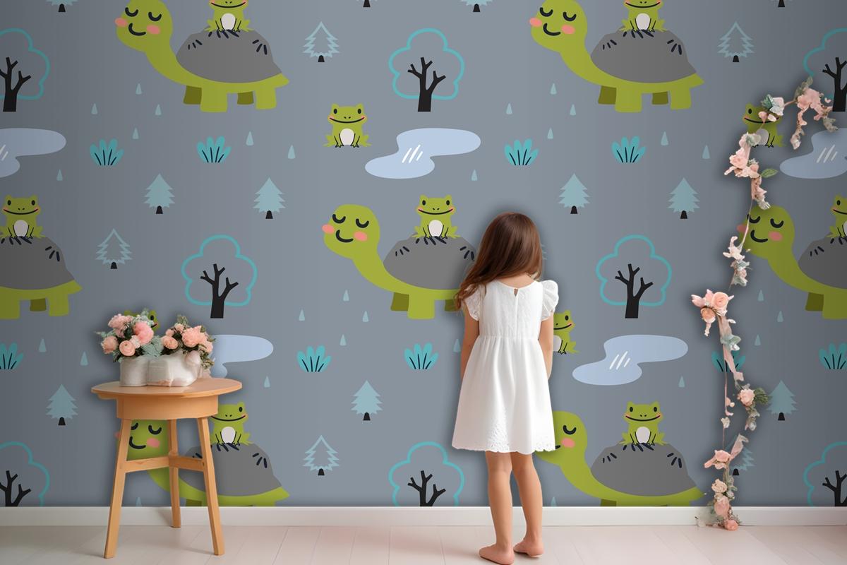 Cartoon Animals Pattern With Cute Mom Turtle And Frogs Wallpaper Mural