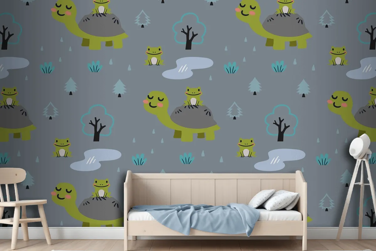 Cartoon Animals Pattern With Cute Mom Turtle And Frogs Wallpaper Mural