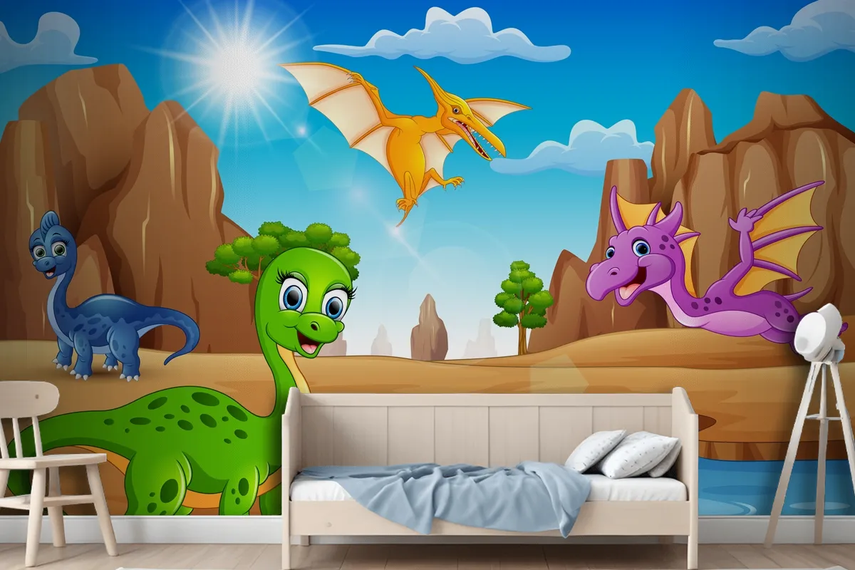 Cartoon Happy Dinosaurs Living In The Desert Wallpaper Mural