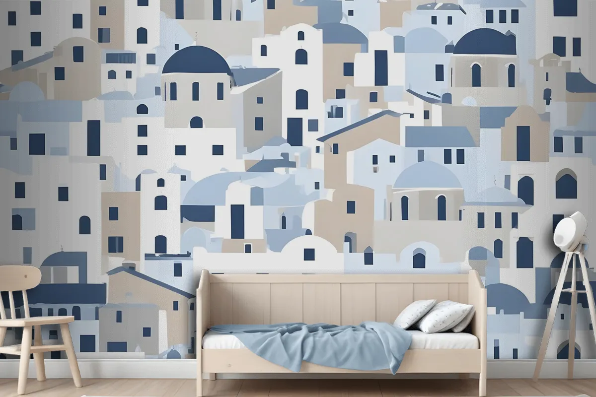 Cartoon Old Blue Greek House Wallpaper Mural