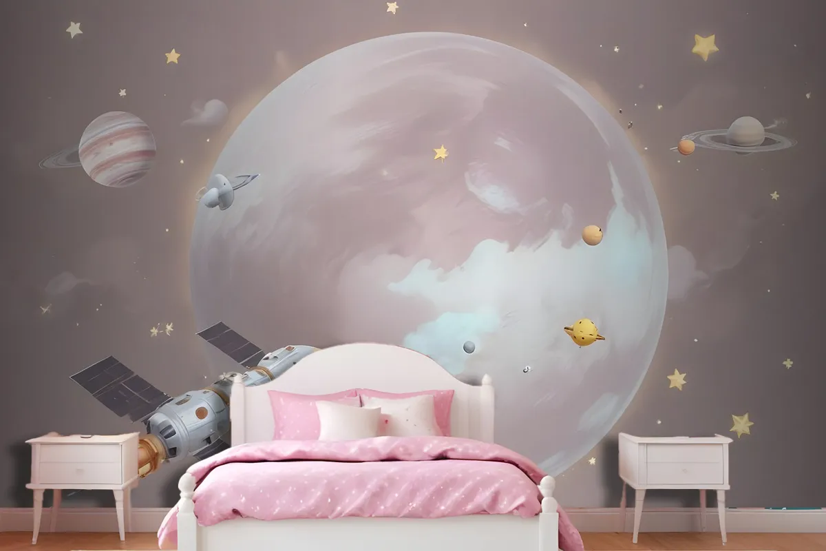 Cartoon Planets And Starry Space Wallpaper Mural